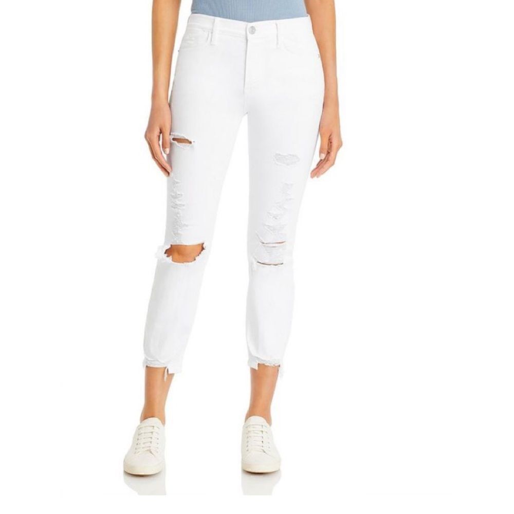 Frame Le High Straight Leg Distressed White Jeans chewed hem NWT 31